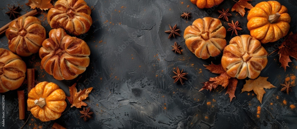 Poster top view of delicious pumpkin-shaped buns and cinnamon on a dark backdrop with room for text, ideal 