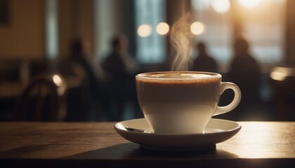 Cafe hot cup of coffee on a saucer on a dark background, casting a thin shadow. Bokeh in the background.