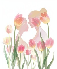 Mother And Child Silhouette With Floral Patterns