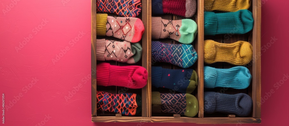 Poster Wooden box with a variety of socks arranged neatly on a pink backdrop creating an attractive copy space image.