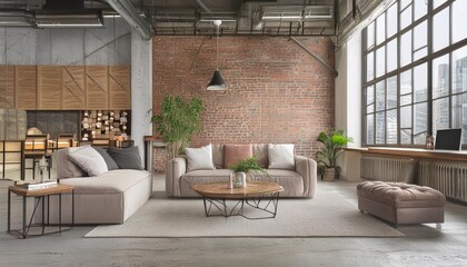 Living room interior in loft, industrial style