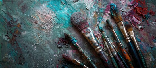 Fototapeta premium In the artist's studio, you can find old painting brushes with colored paint smudges, displayed against a copy space image.