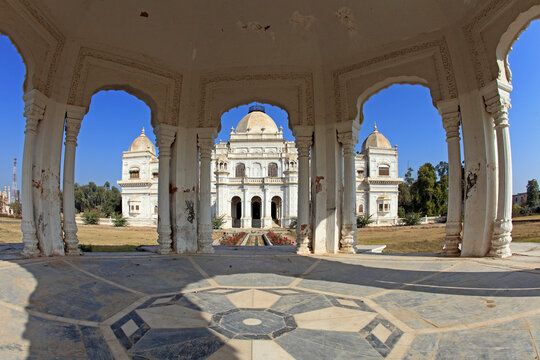 View of Sadiq Ghar Palace with majestic columns, arches, and dome, Dera Nawab Sahib, Punjab, Pakistan.