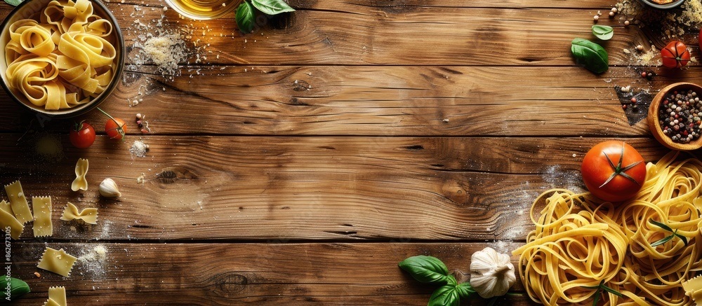 Poster Wooden background with various pasta ingredients arranged around a copy space image in a top-down view for a food-themed frame.