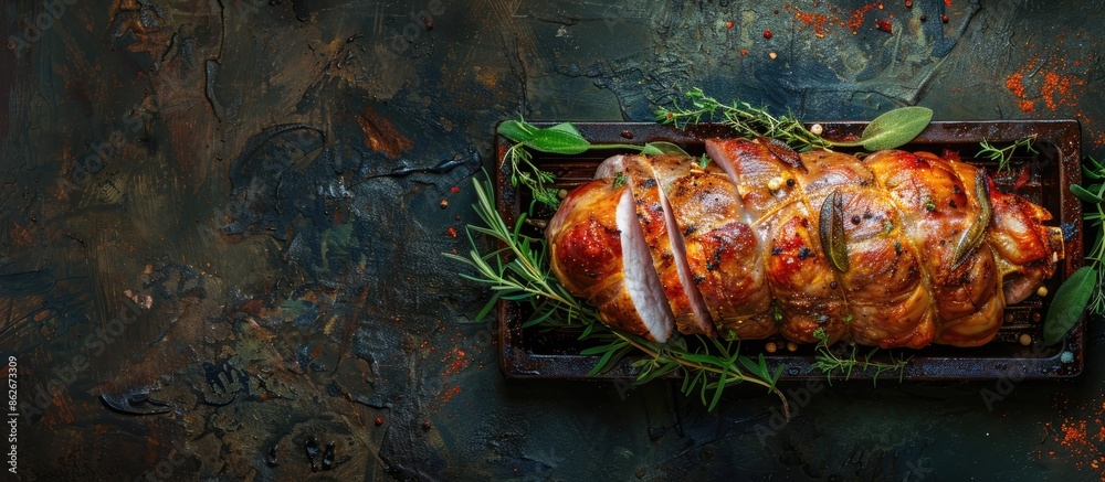 Poster oven-roasted pork joint garnished with thyme and sage, ready to serve, with ample copy space against