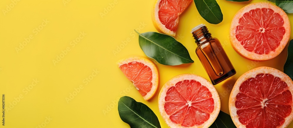 Poster essential oil bottles and grapefruit slices on a vibrant yellow backdrop with copy space image.