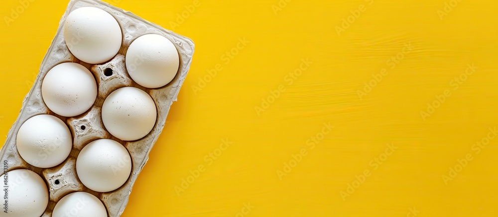 Poster top view of white chicken eggs in white packaging on a yellow background with copy space image. depi