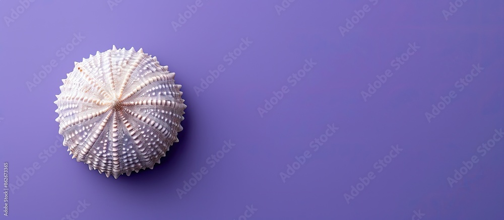 Aufkleber Minimal summer composition featuring a sea urchin shell in soft natural hues set against a vibrant purple background with copy space image.