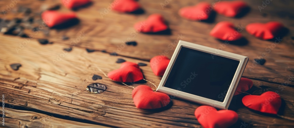 Fototapete On a wooden table, there is a charming display of a blank instant photo surrounded by heart shapes, creating a delightful copy space image.