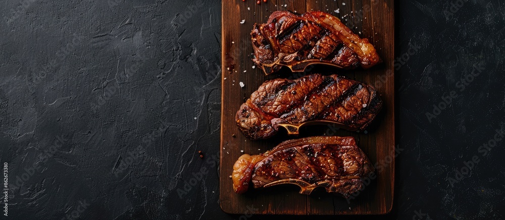 Poster top view of sliced bbq pork chop or t-bone steak on a wooden board against a dark background, suitab