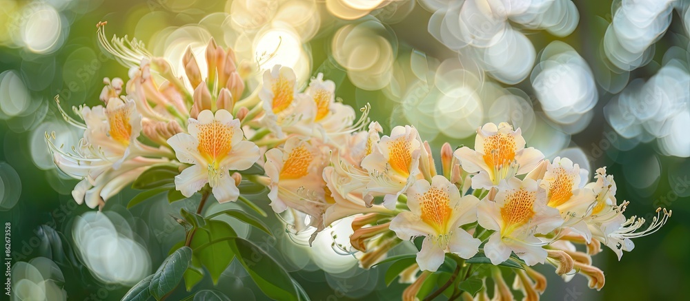 Poster a detailed image of a silver trumpet tree flower bouquet against a tree backdrop, with ample space f