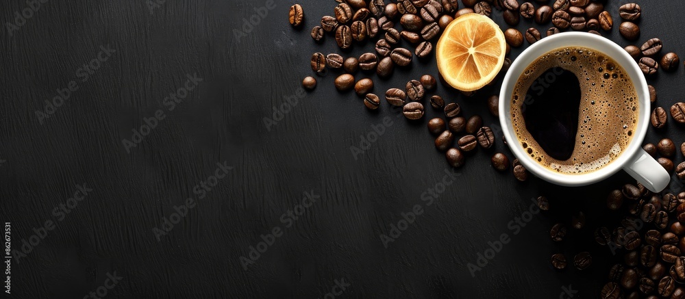 Poster coffee cup filled with coffee and beans displayed on a black background with copy space image.