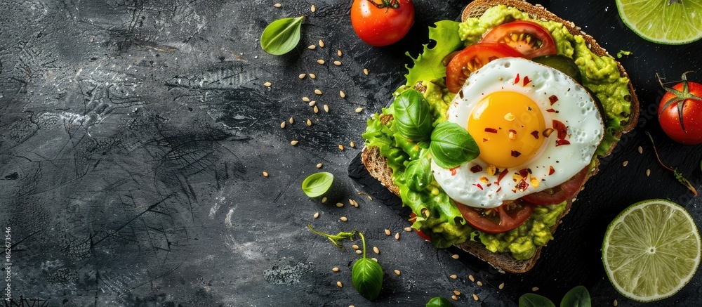 Poster top-down view of a nutritious diet sandwich with guacamole, fresh veggies, egg, lime, lettuce, and b