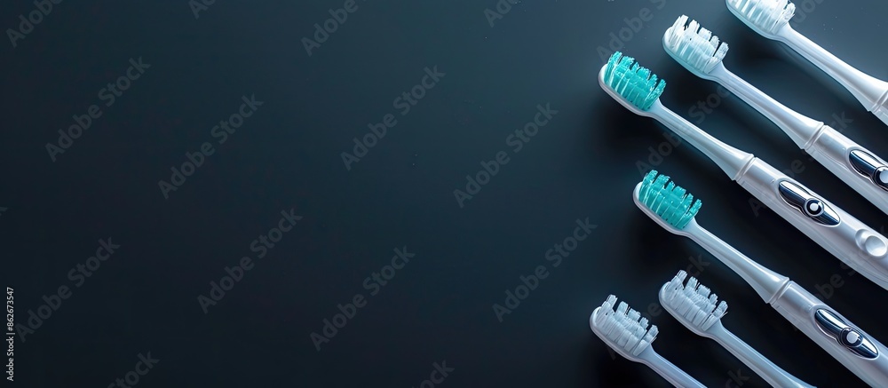 Aufkleber Electric toothbrush nozzles arranged on a dark background with space for text or other images. Copy space image. Place for adding text and design
