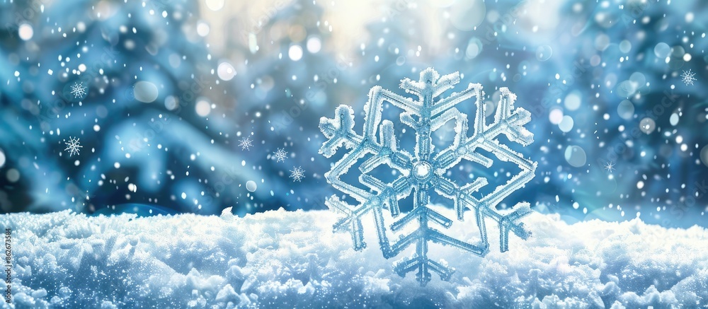 Aufkleber blue winter theme with a large snowflake over a snowy forest setting, ideal for winter and new year'