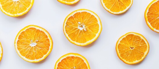 Fototapeta premium Top view flat lay of round cut slices of ripe juicy organic oranges on a white background, creating a vibrant copy space image, illustrating a healthy lifestyle and superfoods.