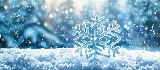 Blue winter theme with a large snowflake over a snowy forest setting, ideal for winter and New Year's designs, featuring ample copy space image.