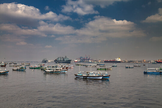 View of Paradise point with anchored boats and ships, Karachi, Pakistan.