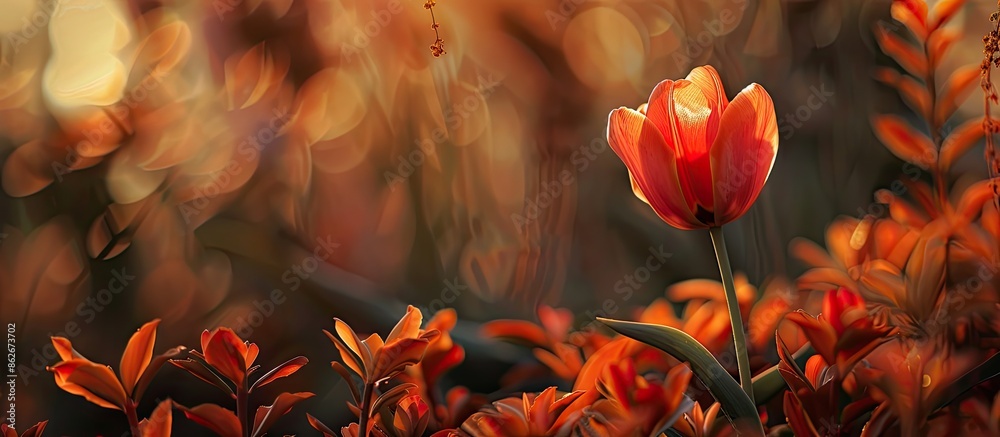 Poster tulip flower in an amber color palette in a garden framing copy space image.