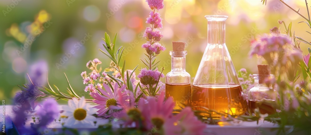 Poster Extracting essential oils from flowers using laboratory glassware placed next to a flask as the focus, ideal for perfumery and cosmetics with copy space image.
