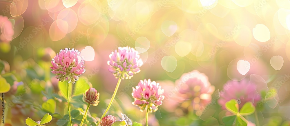 Poster soft card with a pastel background featuring an out-of-focus summer image of blooming clover on a me