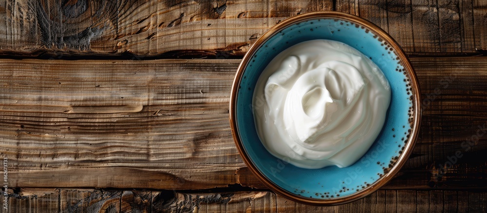 Poster blue bowl filled with natural yogurt on a rustic wooden background with copy space image.