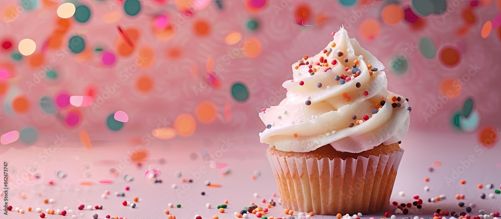 Poster copy space image featuring a cupcake on a confetti background.