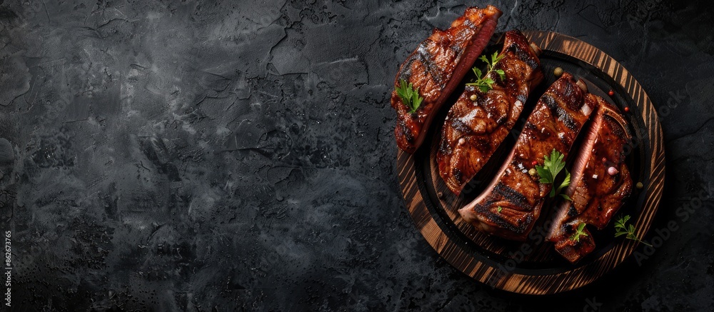 Poster top view of sliced bbq pork chop or t-bone steak on a wooden board against a dark background, suitab