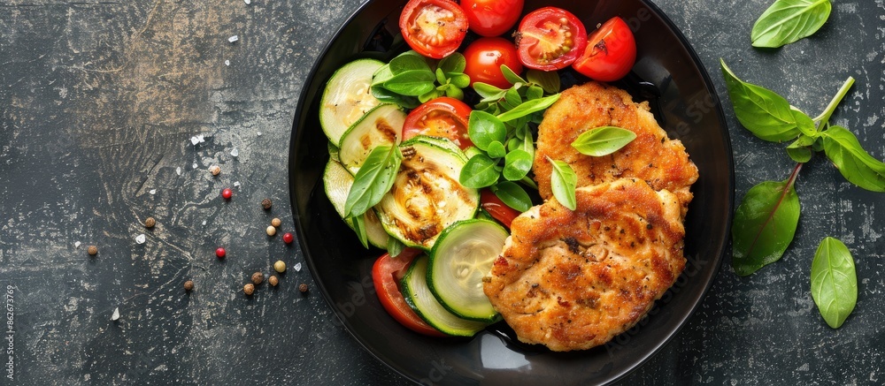 Poster healthy food option comprising a chicken cutlet served alongside a zucchini and tomato salad, viewed