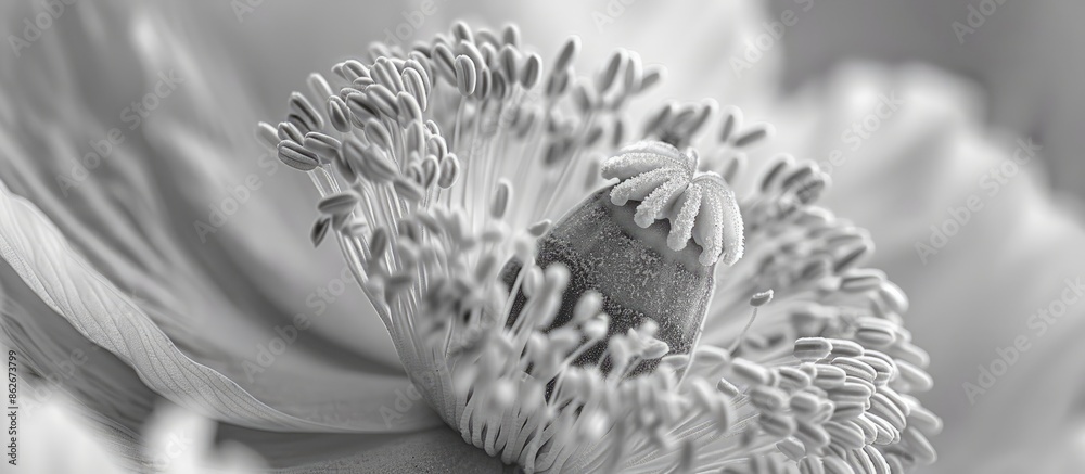 Aufkleber A close-up monochrome macro photograph of the inner part of a single satin/silk poppy flower, displaying intricate texture and pollen, with copy space image.