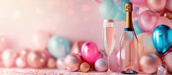 Beautiful birthday background with a champagne bottle, 50 candles, and festive decorations in soft colors, perfect for anniversary wishes with copy space image.