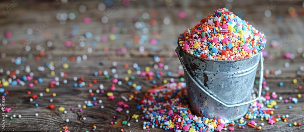 Poster Sugar sprinkles for cake decoration featuring a bucket overflowing with colorful sprinkles on a rustic wooden backdrop, ideal for a copy space image.