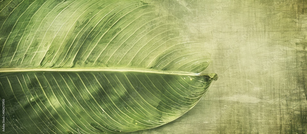 Poster vintage-toned abstract striped texture on a large green leaf with a rustic natural background, ideal