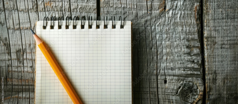 Aufkleber Image of a notepad and pencil on a wooden background, suitable for educational or business purposes, emphasizing the space for text or objects in photography. Copy space image