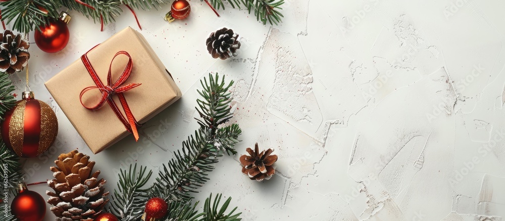 Aufkleber top view of a christmas scene featuring a fir tree, gift box, and ornaments on a white table, with a