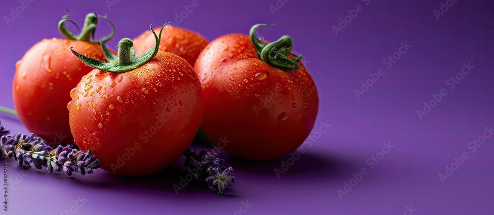 Poster fresh vegetables including three vibrant red tomatoes and a sprig of lavender are displayed on a pur