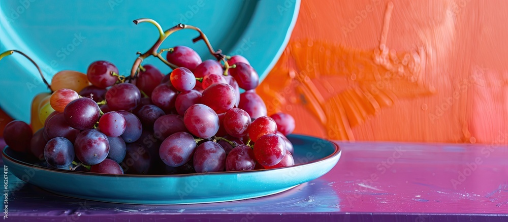 Aufkleber Grapes displayed on a blue plate with a vibrant wall in the background add a pop of color to the copy space image.