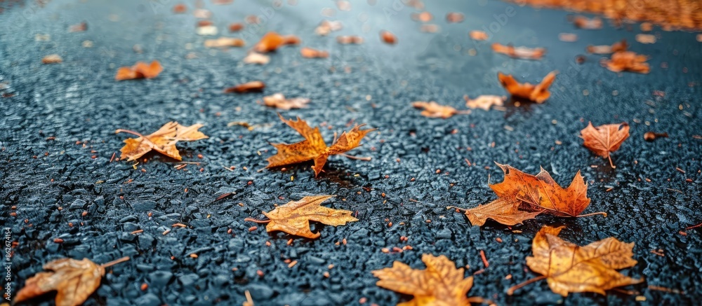 Sticker Dry autumn leaves scattered on the black asphalt road create an evocative image with empty space around. Copy space image. Place for adding text and design