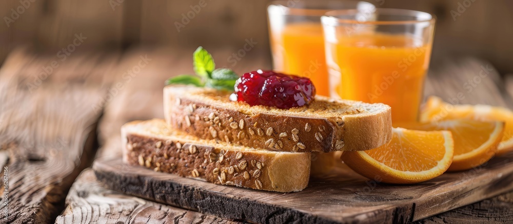 Poster Whole grain bread with mixed berry jam, accompanied by orange juice in a glass on a wooden backdrop, creating a relaxing scene with copy space image.