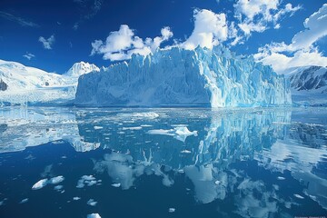 Obraz premium A majestic glacier with crystal-clear ice and a polar bear in the distance, highlighting the importance of arctic conservation.