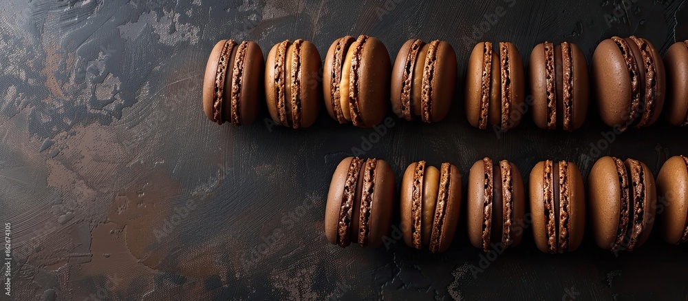 Aufkleber a row of pastel brown chocolate macarons or macaroons arranged on a dark backdrop with ample copy sp