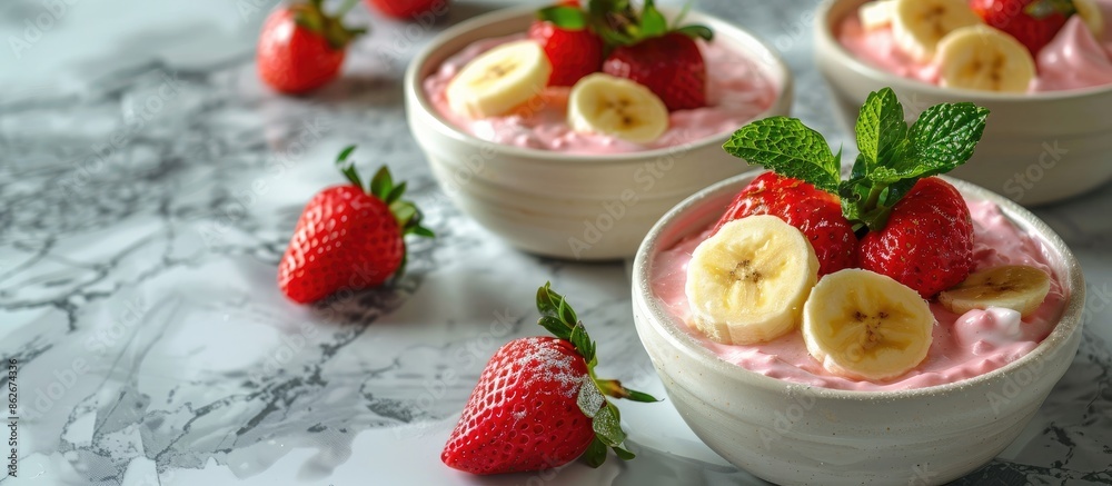 Aufkleber Strawberry dessert with fresh banana on a marble background features a copy space image.