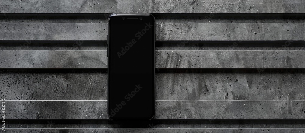 Aufkleber close-up image of a smartphone on a gray striped backdrop with copy space. emphasis on the phone scr