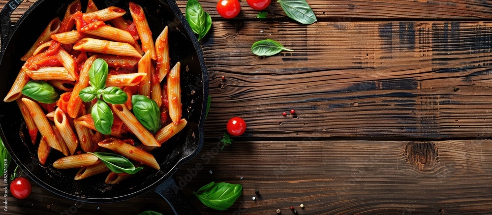 Poster top view of iron cast pan with pasta penne in tomato sauce and basil on a wooden table, providing am