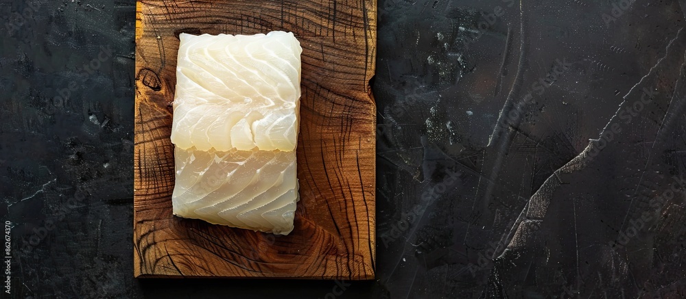Poster halibut fish steak on a wooden board against a black background from a top view, featuring copy spac