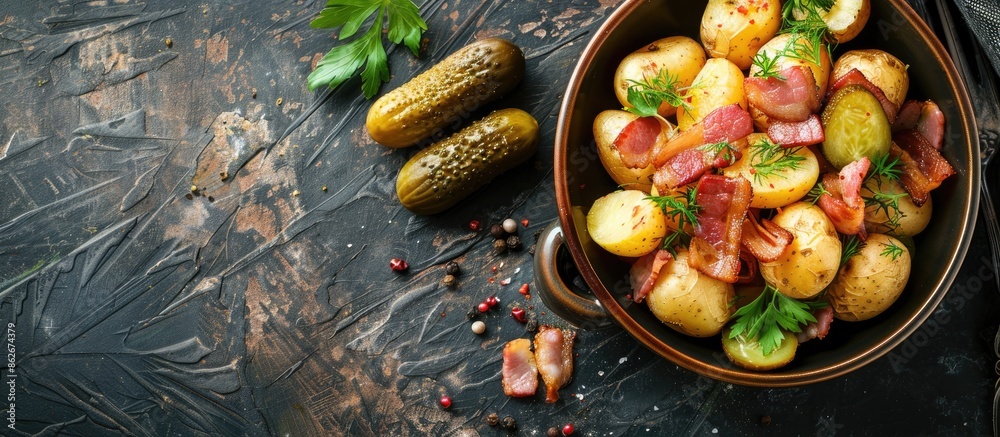 Poster top view of breakfast with boiled potatoes, pickles, and bacon against a copy space image.