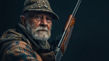 Obraz premium Studio shot of a mature hunter aiming with a rifle isolated on black background