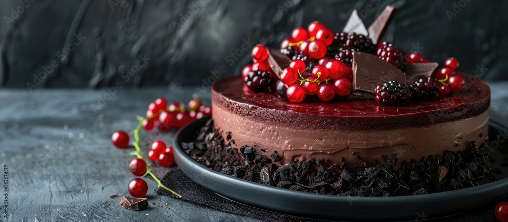 Poster A no-bake mousse cake with dark chocolate and currant berries with a visually appealing design and copy space image.