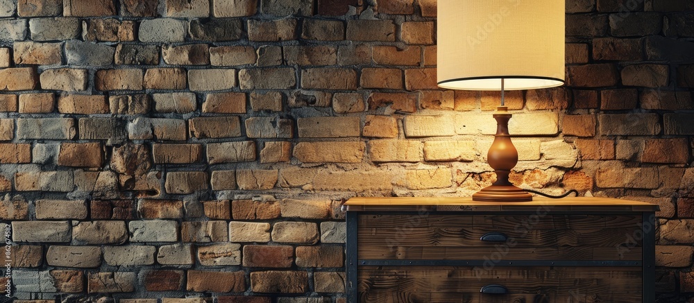 Poster Contemporary lamp and drawer set on a brick backdrop with copy space image.