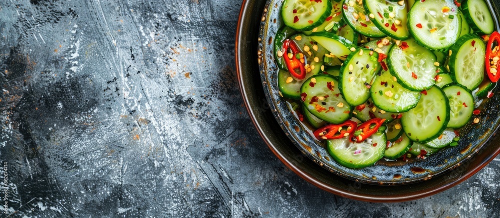 Poster top view of a chinese cucumber salad featuring chili peppers and sesame seeds against a plain backgr